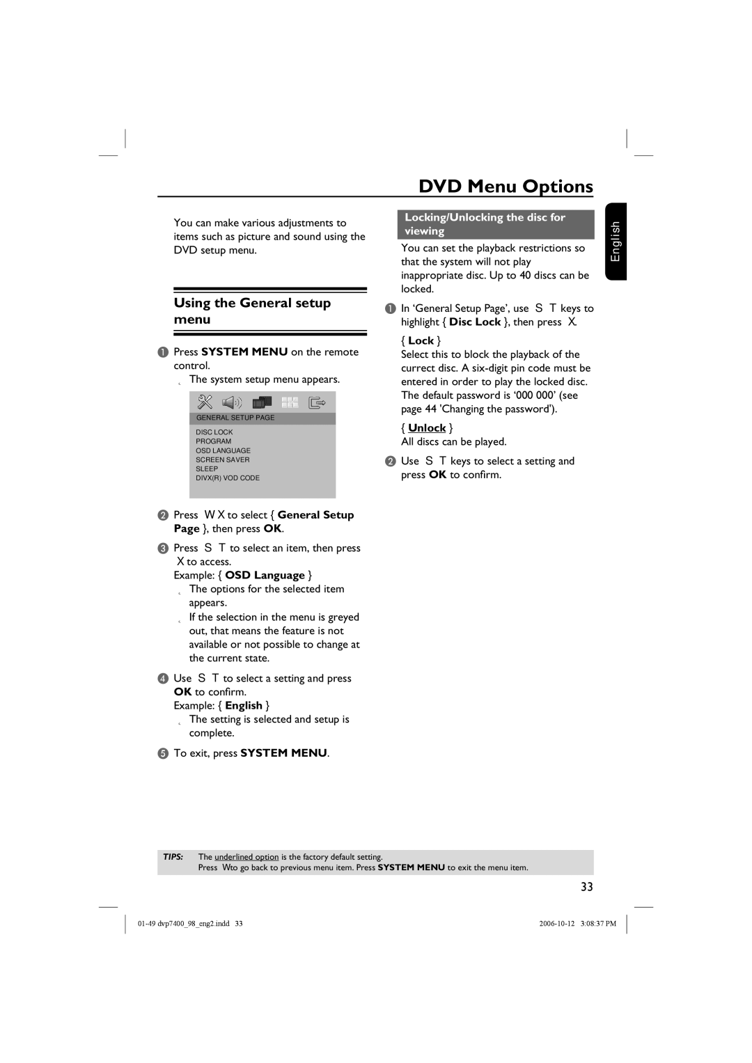 Philips DVP 7400S/98 user manual DVD Menu Options, Using the General setup menu, Locking/Unlocking the disc for viewing 