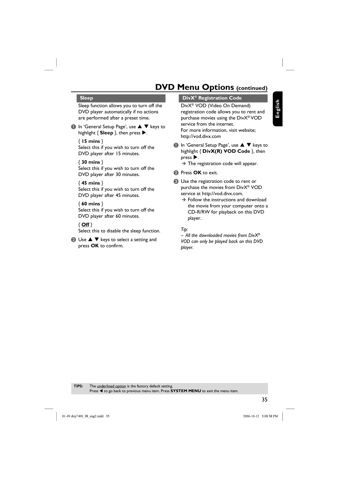 Philips DVP 7400S/98 user manual Sleep DivX Registration Code, Mins 