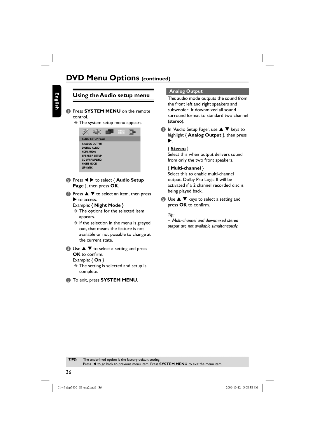 Philips DVP 7400S/98 user manual Using the Audio setup menu, Analog Output, Stereo, Multi-channel 