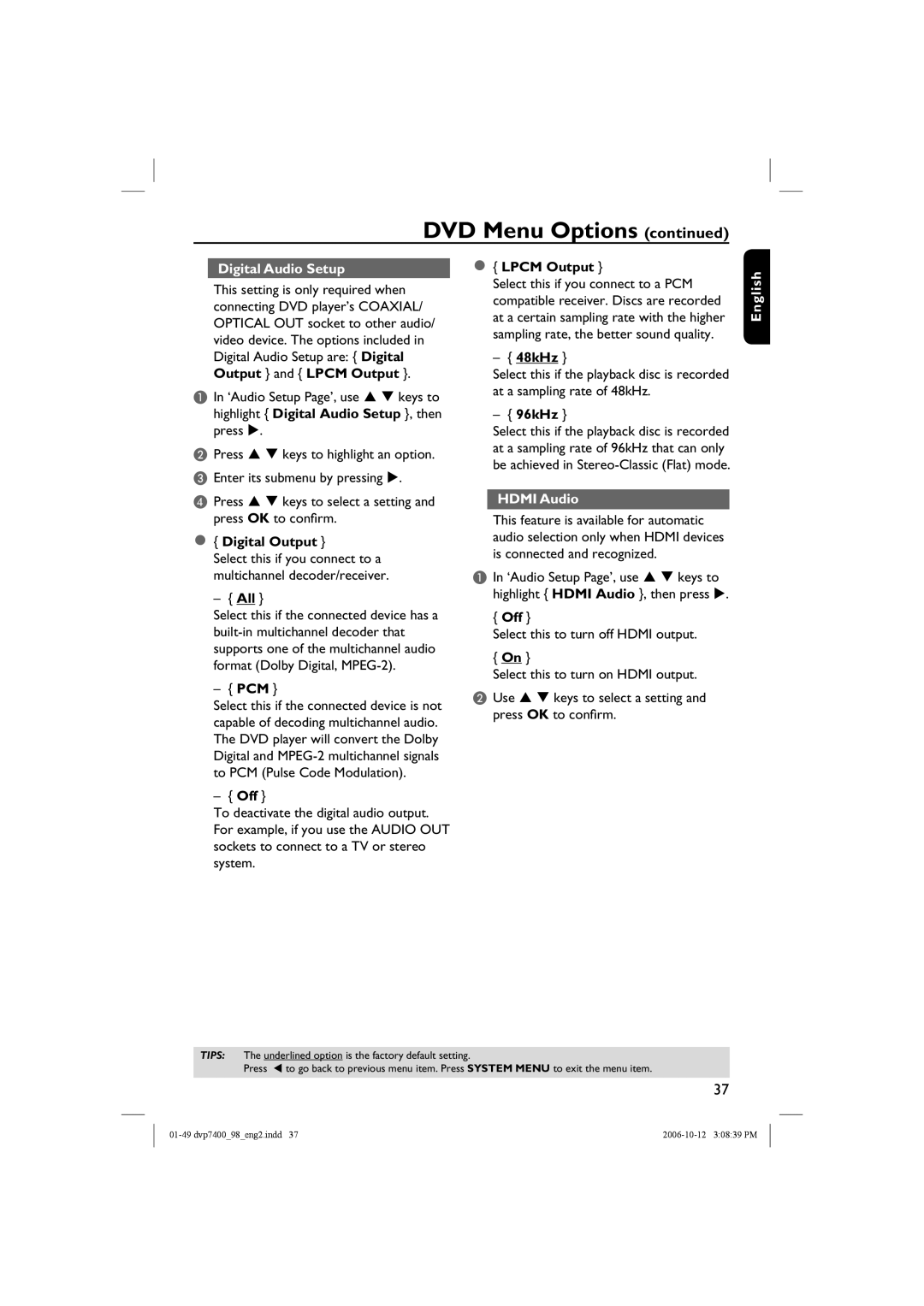 Philips DVP 7400S/98 user manual Digital Audio Setup, Hdmi Audio 