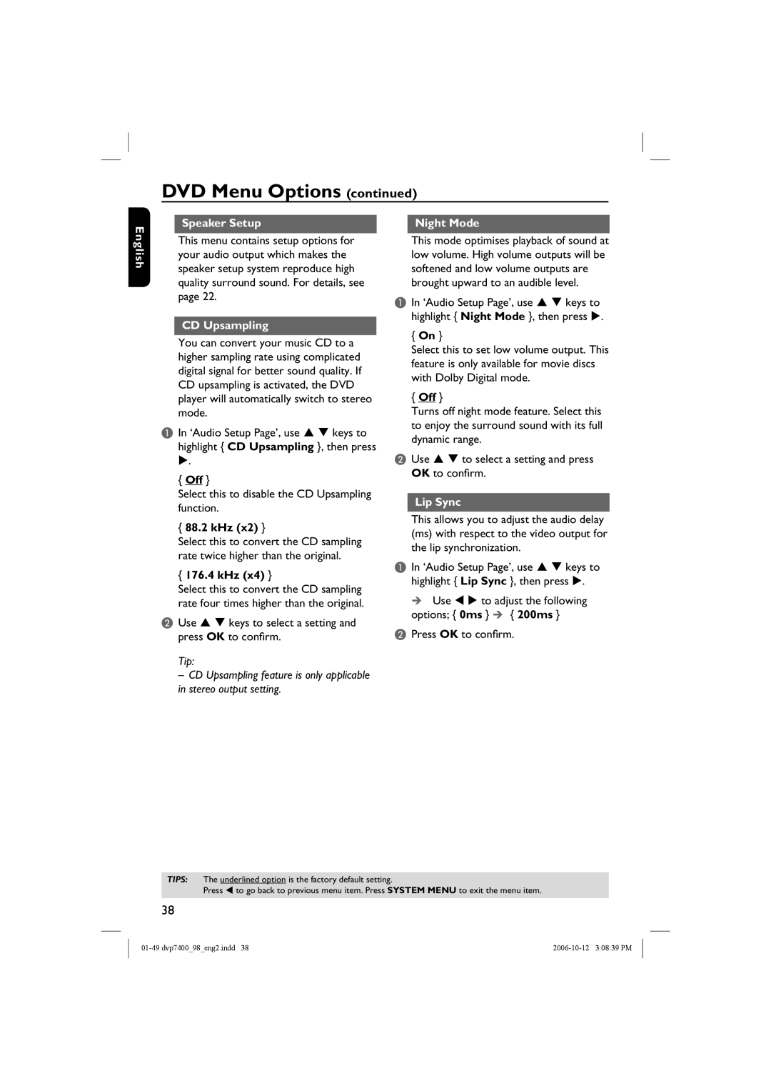 Philips DVP 7400S/98 user manual Speaker Setup Night Mode English, CD Upsampling, 88.2 kHz, 176.4 kHz, Lip Sync 