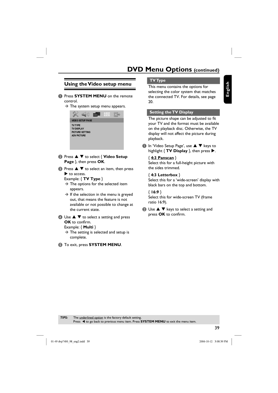 Philips DVP 7400S/98 user manual Using the Video setup menu, TV Type, Setting the TV Display 