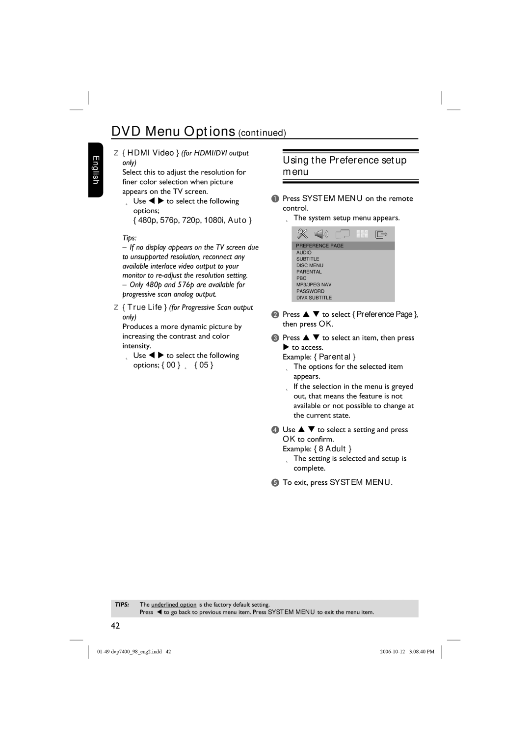 Philips DVP 7400S/98 user manual Using the Preference setup menu, 480p, 576p, 720p, 1080i, Auto 