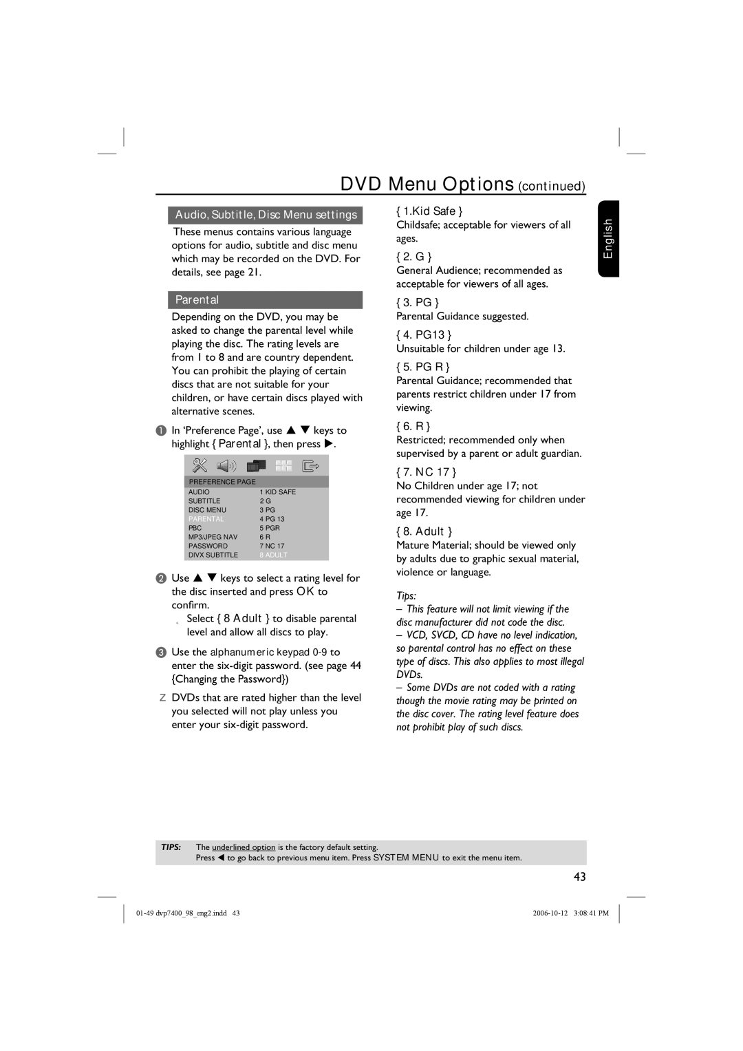 Philips DVP 7400S/98 user manual Audio, Subtitle, Disc Menu settings, Parental 