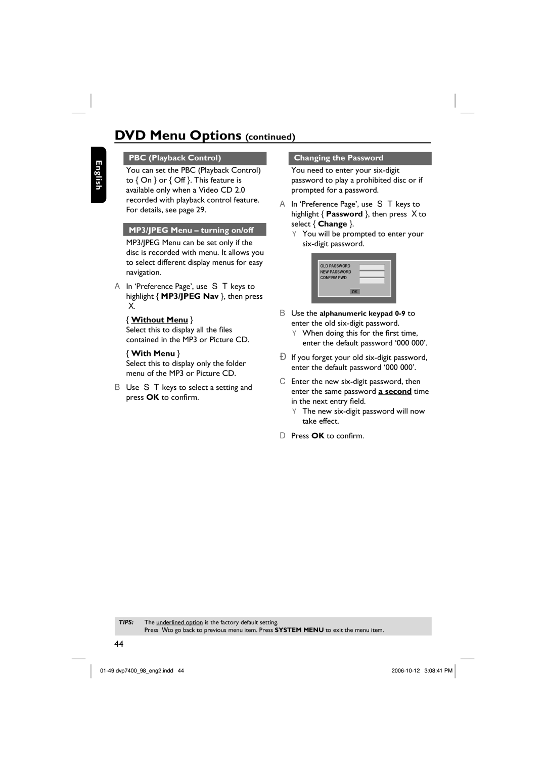 Philips DVP 7400S/98 PBC Playback Control Changing the Password English, MP3/JPEG Menu turning on/off, Without Menu 