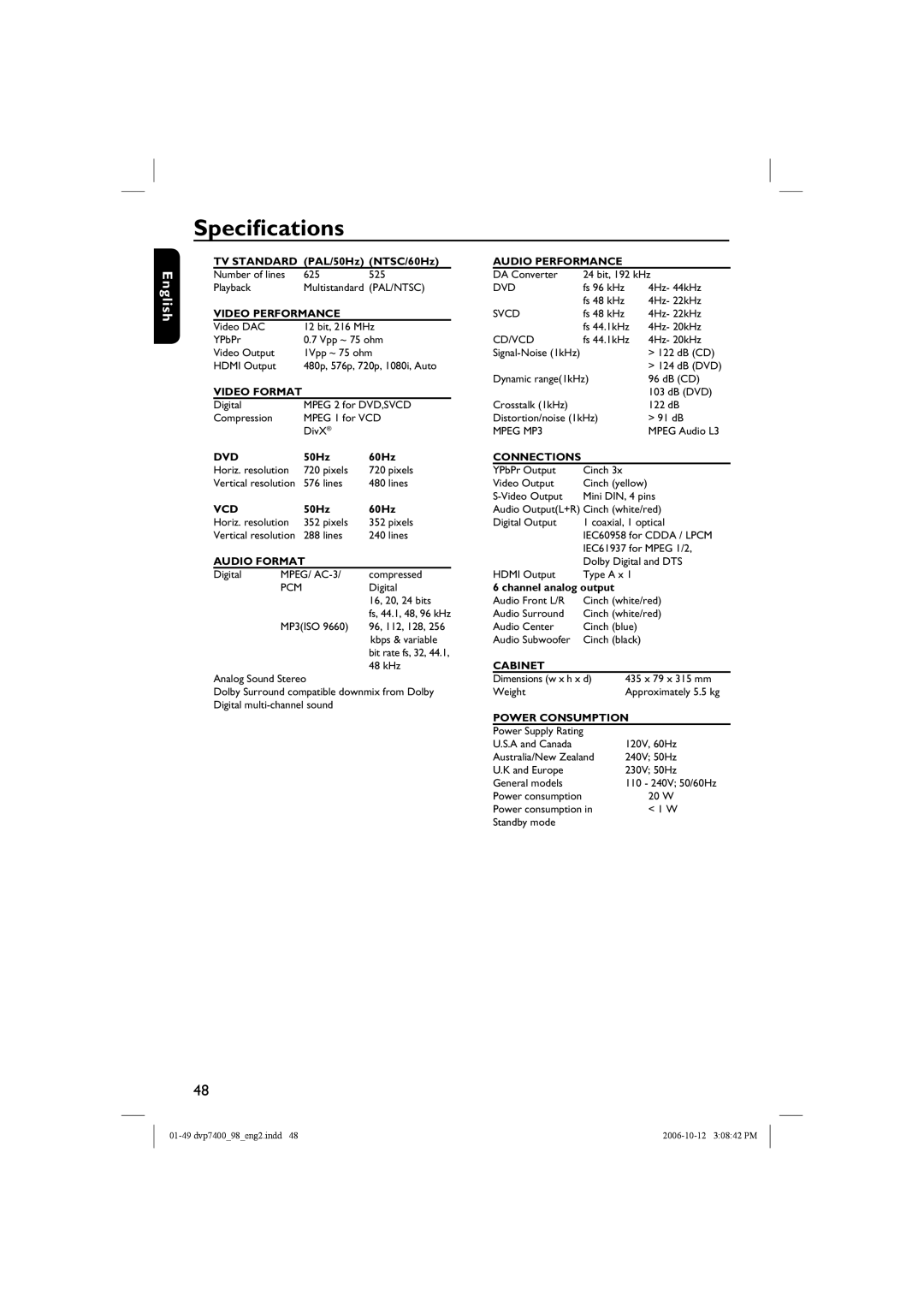 Philips DVP 7400S/98 user manual Specifications, Video Performance 