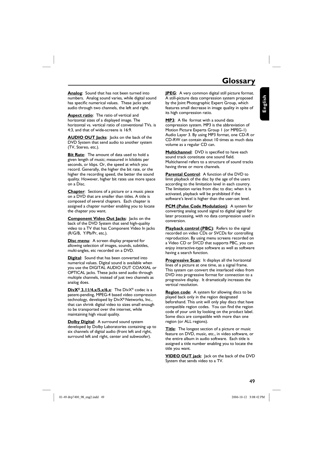 Philips DVP 7400S/98 user manual Glossary 