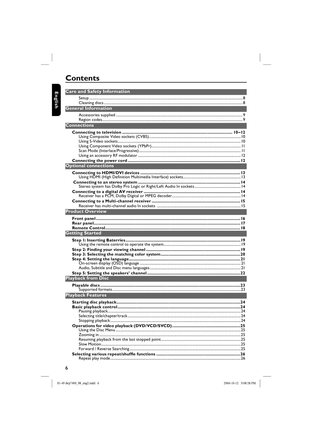 Philips DVP 7400S/98 user manual Contents 