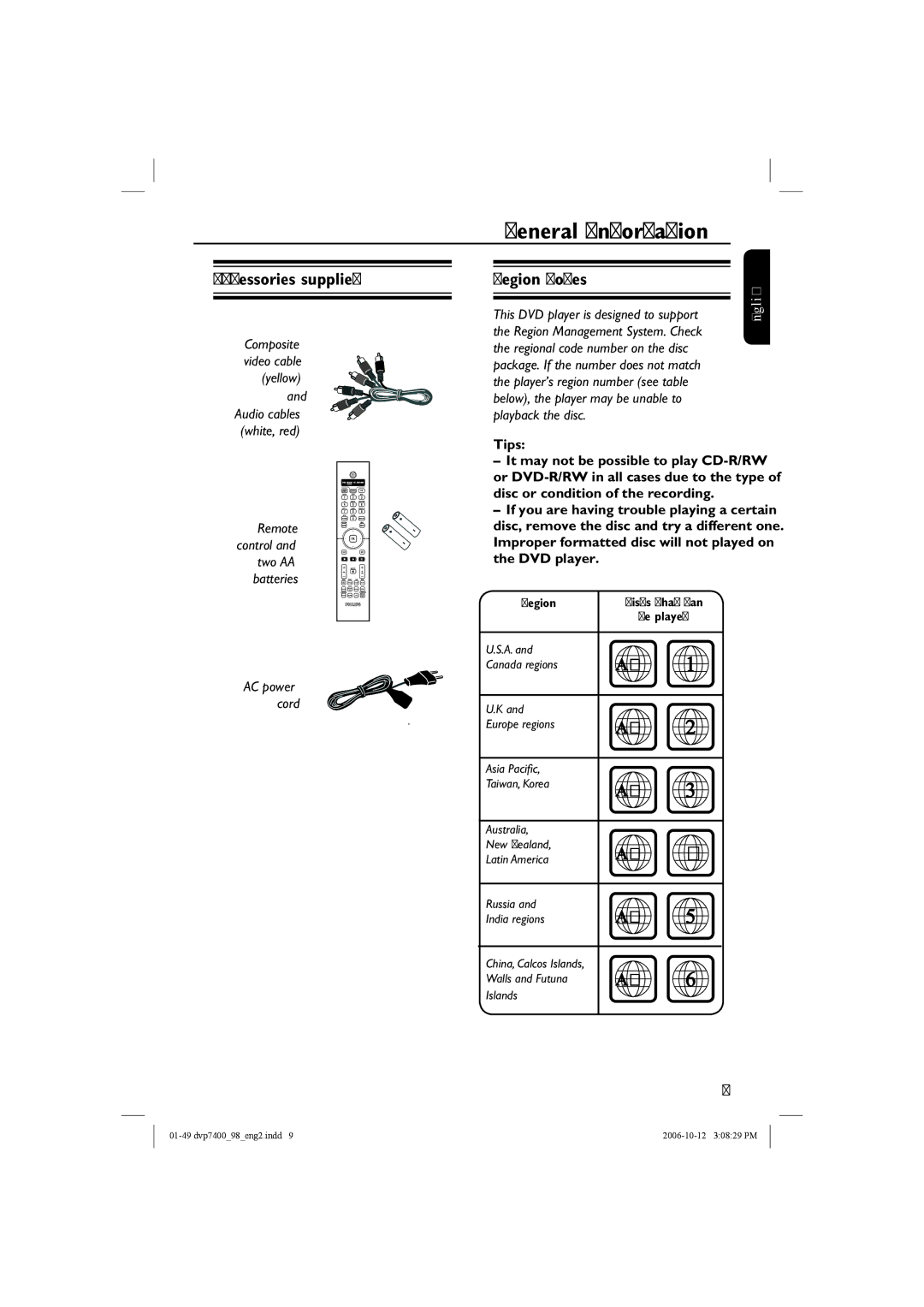 Philips DVP 7400S/98 user manual Accessories supplied, Region codes 