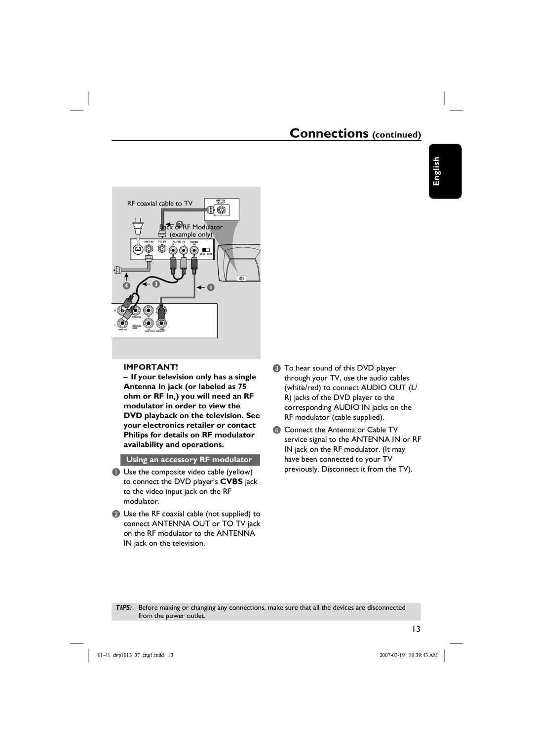 Philips DVP1013 manual Using an accessory RF modulator 