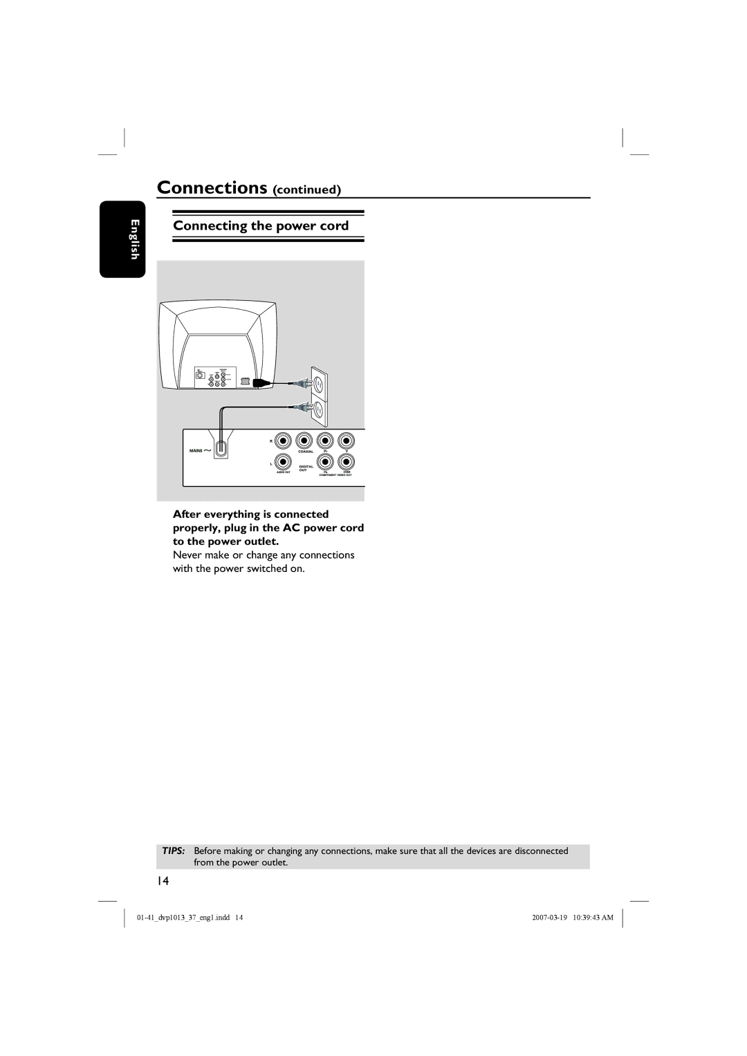 Philips DVP1013 manual Connecting the power cord 