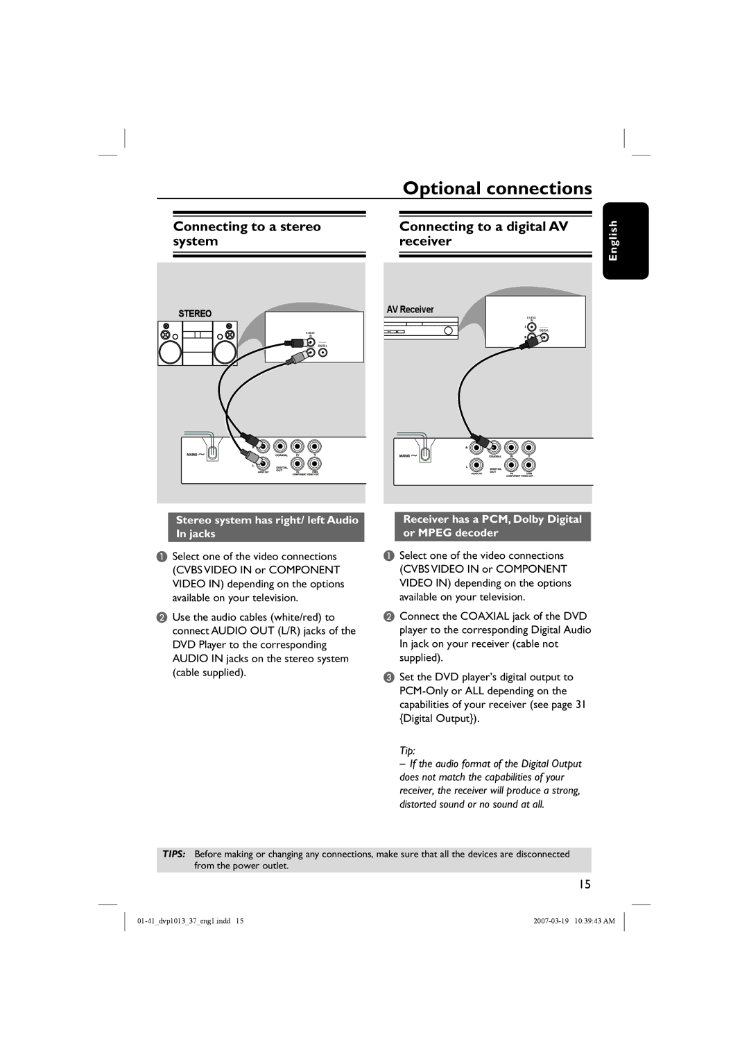 Philips DVP1013 manual Stereo system has right/ left Audio In jacks, Receiver has a PCM, Dolby Digital or Mpeg decoder 