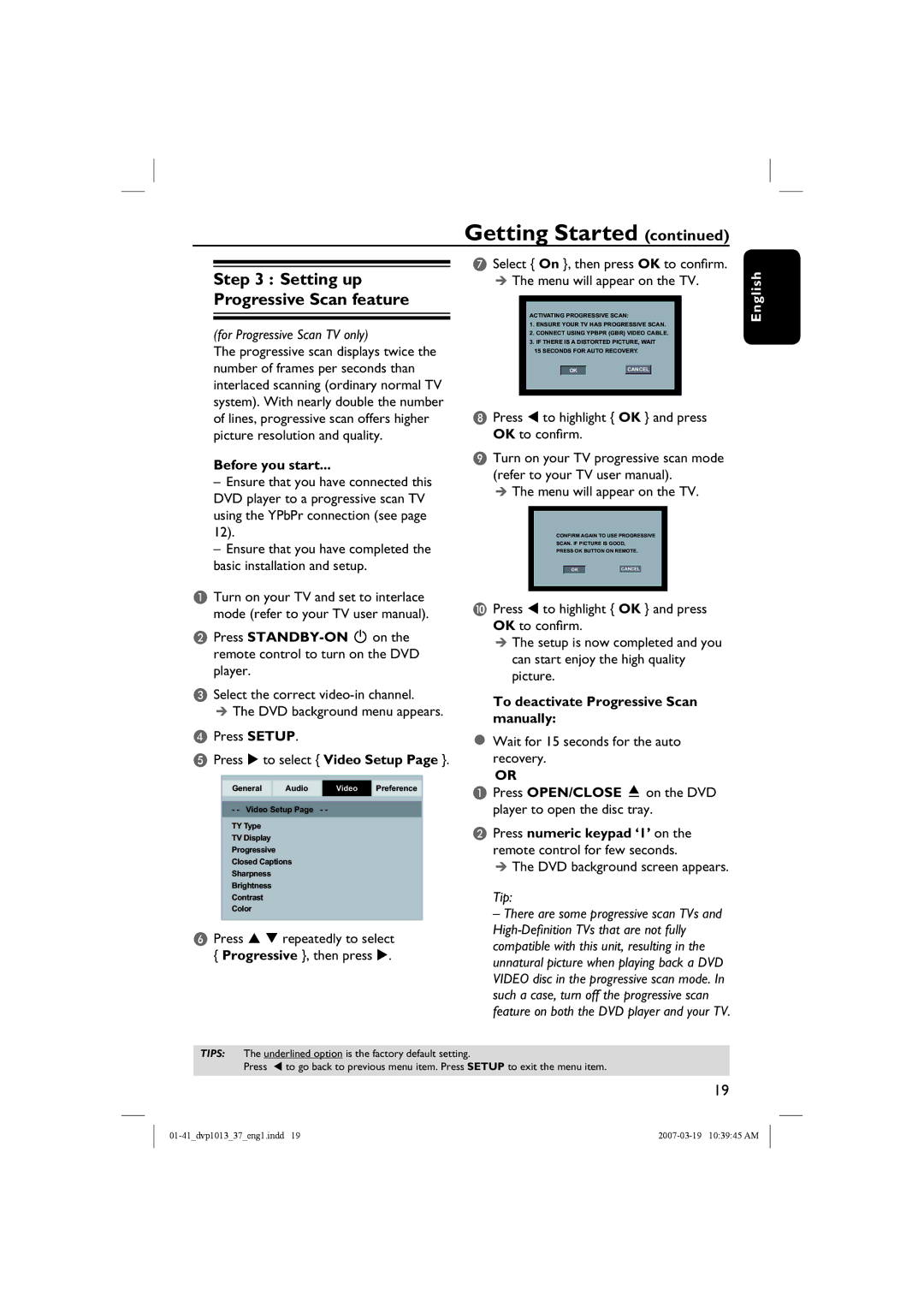 Philips DVP1013 Before you start, To deactivate Progressive Scan manually 