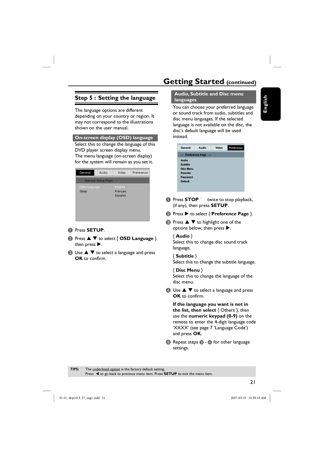 Philips DVP1013 manual Setting the language, On-screen display OSD language, Audio, Subtitle and Disc menu languages 