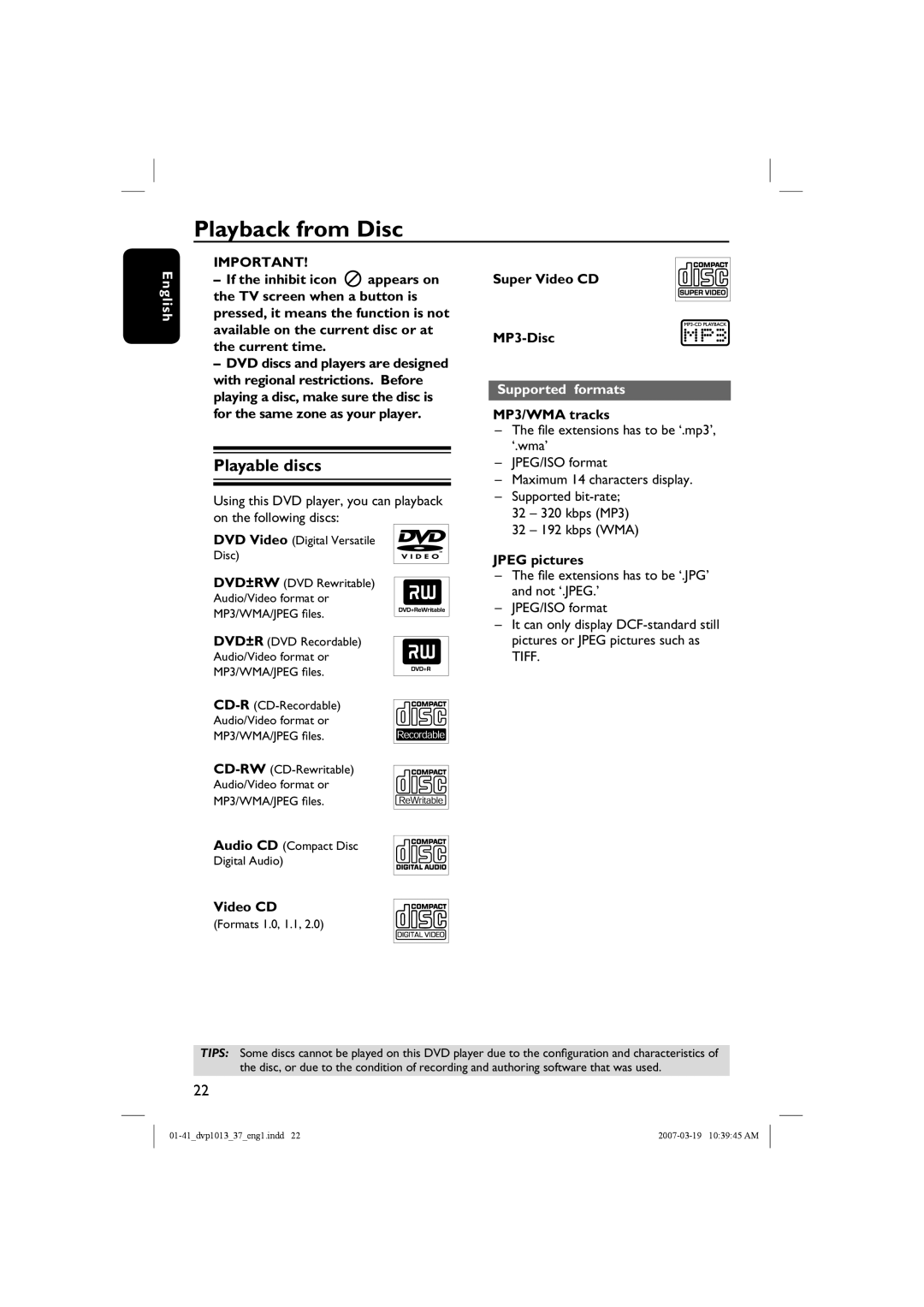 Philips DVP1013 manual Playback from Disc, Playable discs, Supported formats 