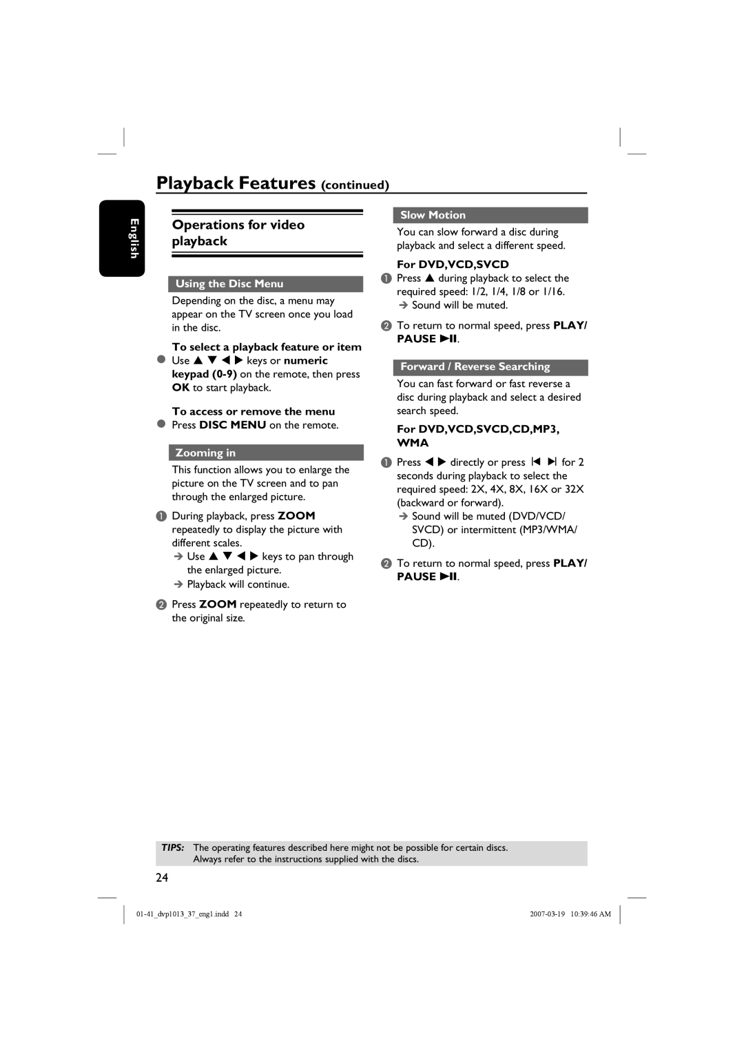 Philips DVP1013 Operations for video playback, Using the Disc Menu, Zooming, Slow Motion, Forward / Reverse Searching 