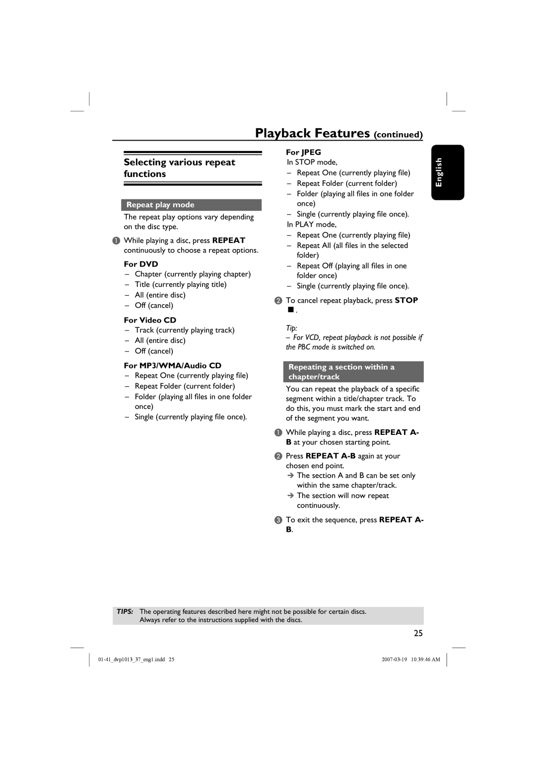 Philips DVP1013 manual Selecting various repeat functions, Repeat play mode, Repeating a section within a chapter/track 