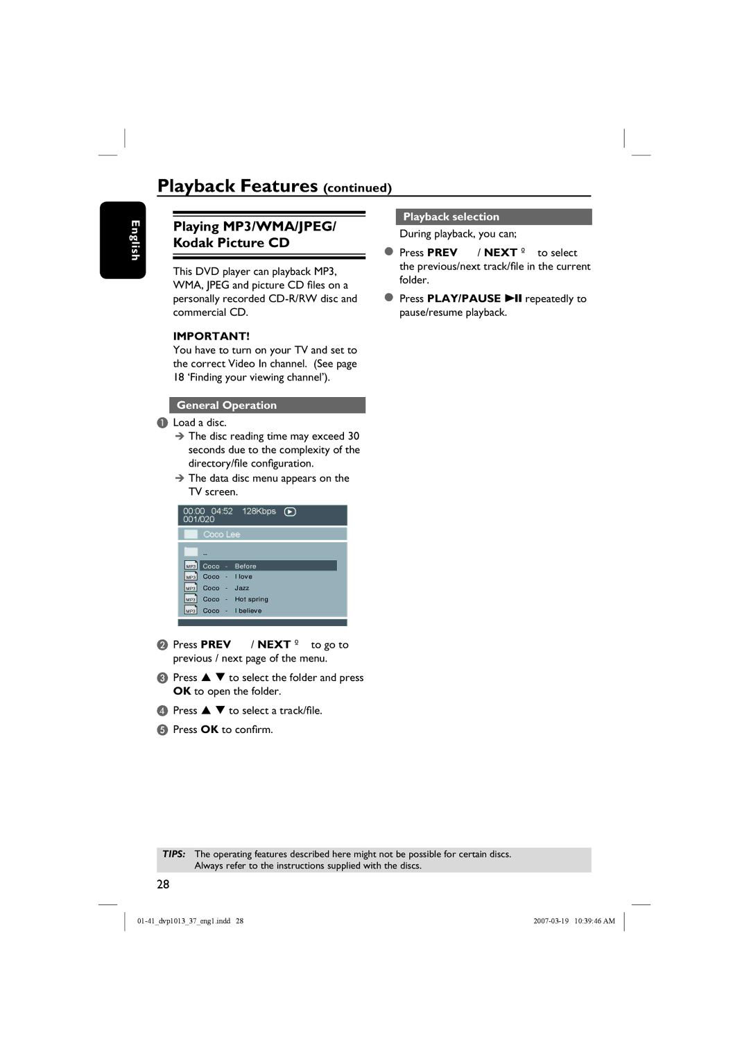 Philips DVP1013 manual Playing MP3/WMA/JPEG/ Kodak Picture CD, General Operation, Load a disc, Playback selection 