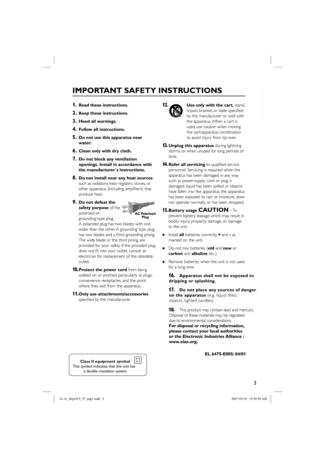 Philips DVP1013 manual English, Class II equipment symbol 