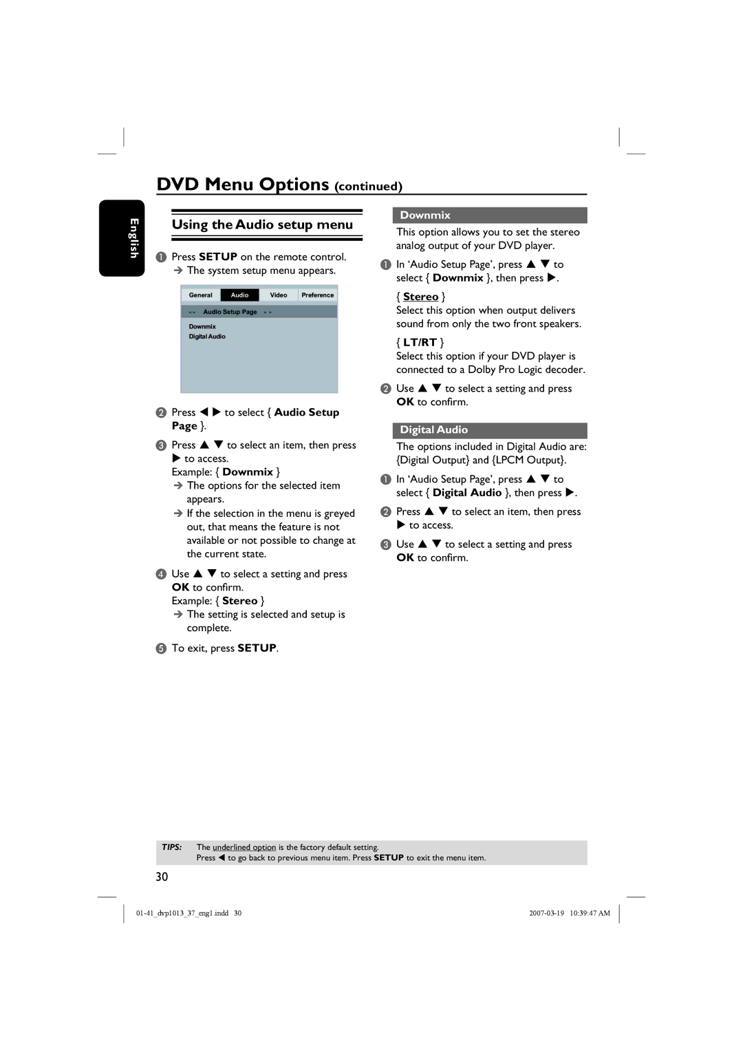 Philips DVP1013 manual Using the Audio setup menu, Downmix, Stereo, Lt/Rt, Digital Audio 