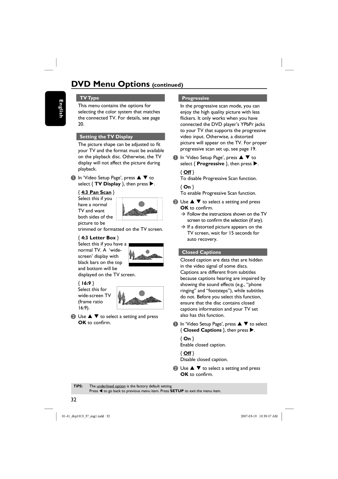 Philips DVP1013 manual English TV Type, Setting the TV Display, Progressive, Closed Captions 