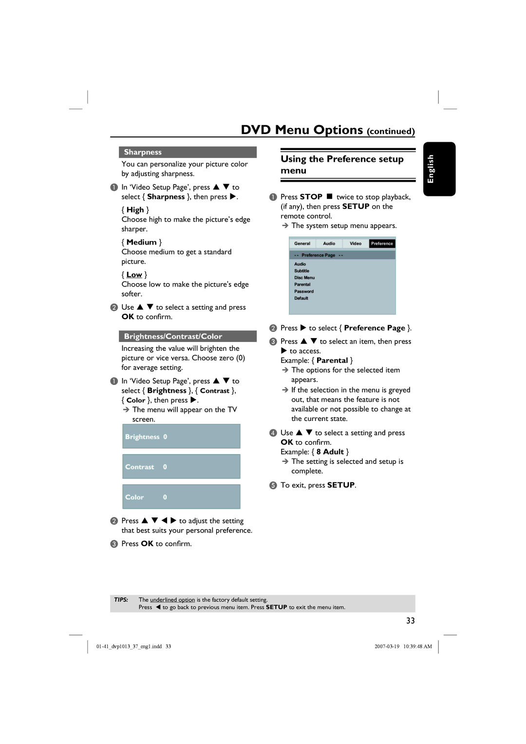 Philips DVP1013 manual Using the Preference setup menu, Sharpness, Brightness/Contrast/Color 