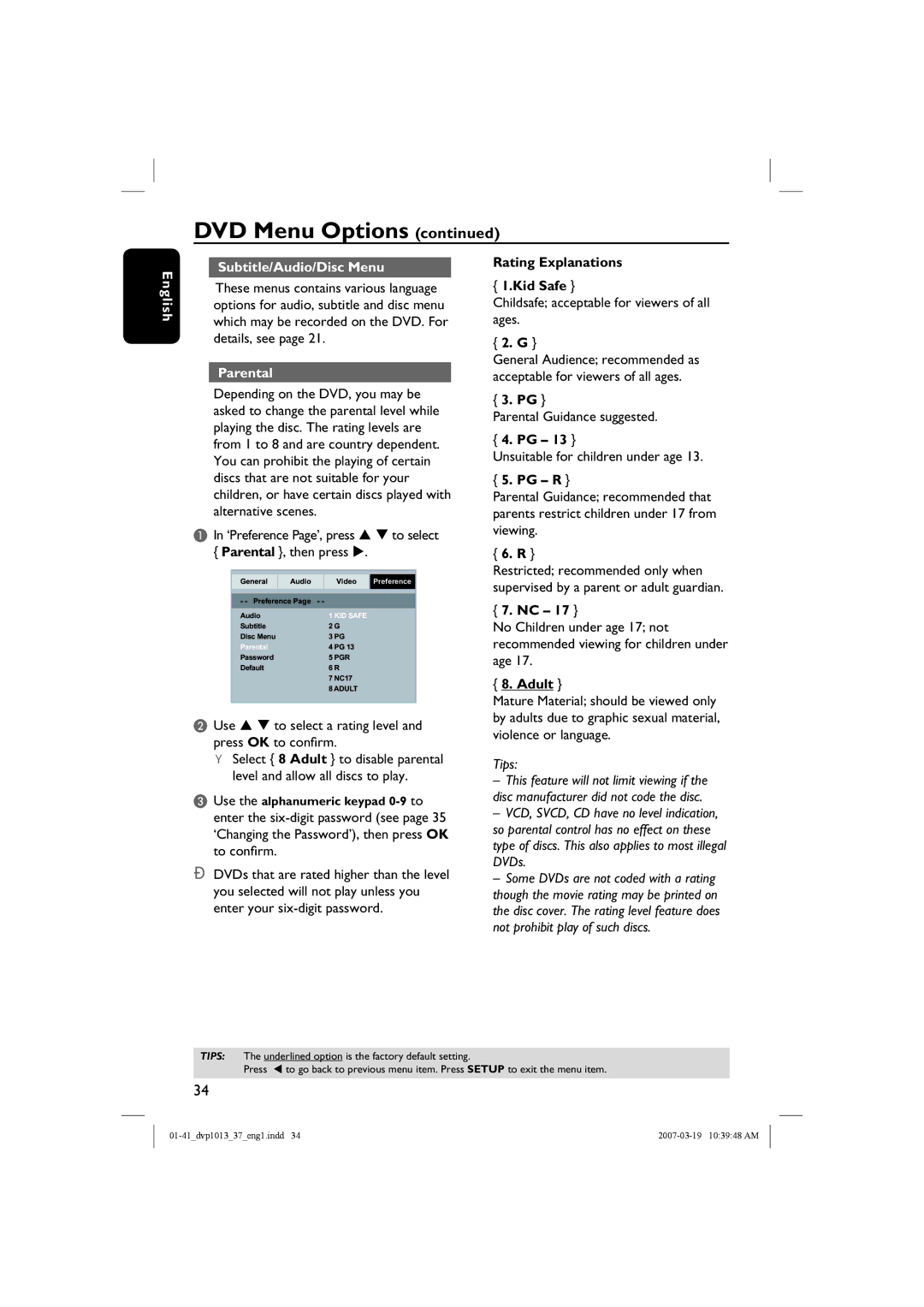 Philips DVP1013 manual English Subtitle/Audio/Disc Menu, Parental, Rating Explanations Kid Safe, Pg R, Adult 