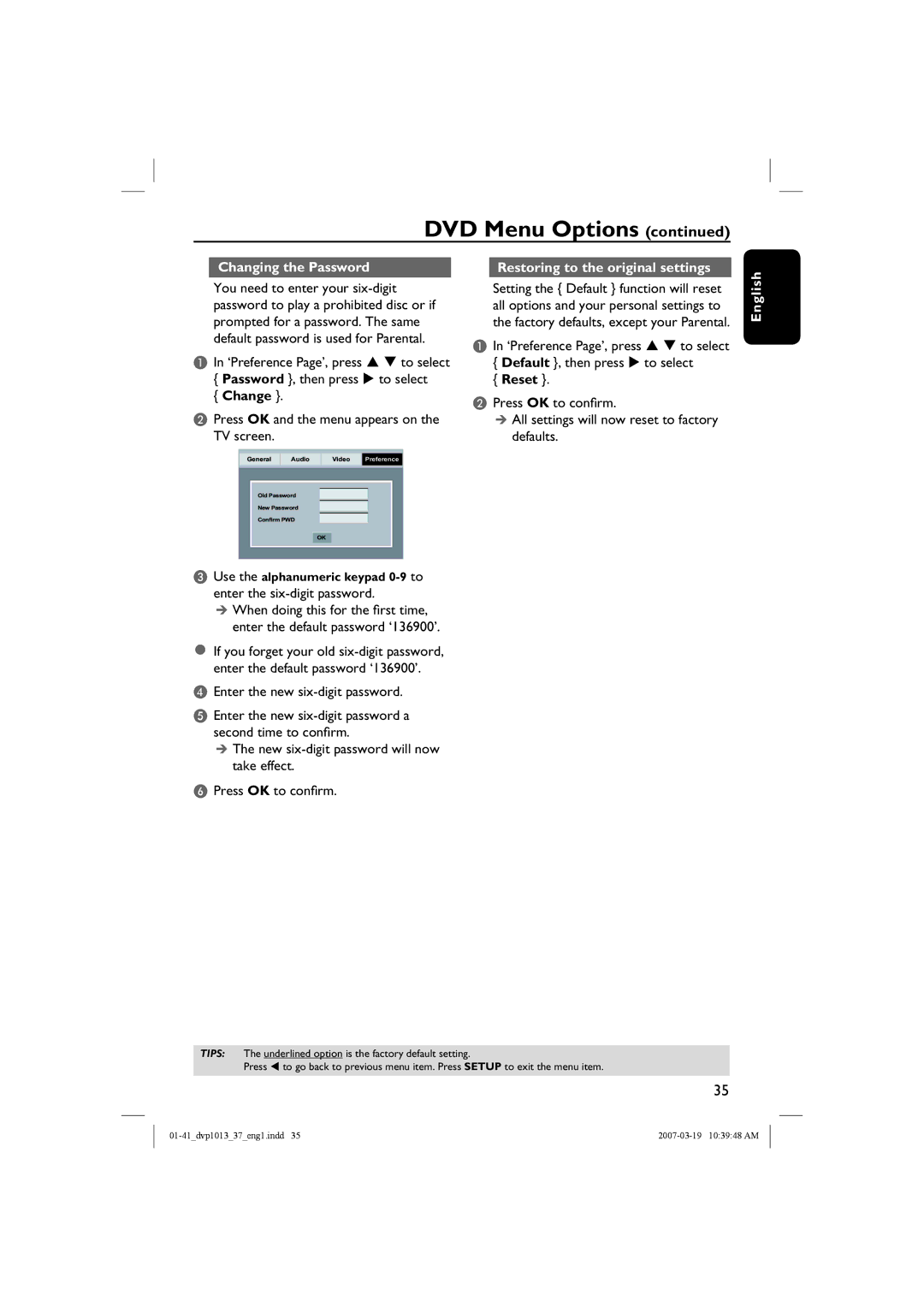 Philips DVP1013 manual Changing the Password, Change, Restoring to the original settings, Reset 