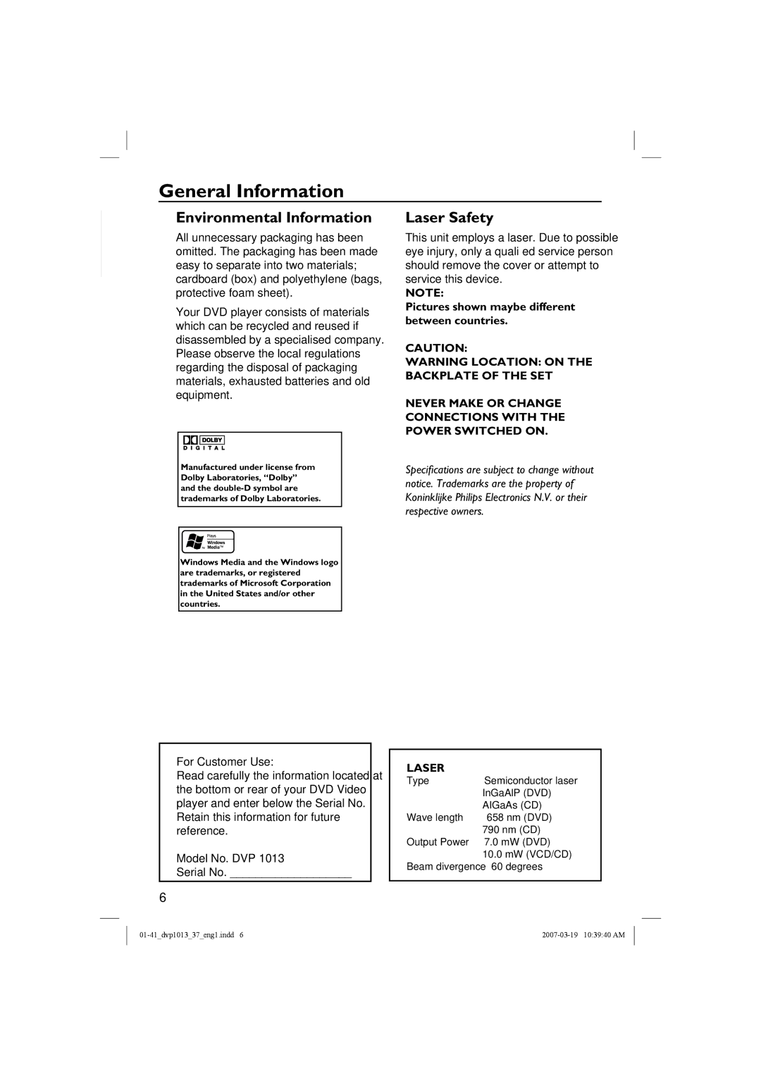 Philips DVP1013 manual General Information, For Customer Use, Pictures shown maybe different between countries 