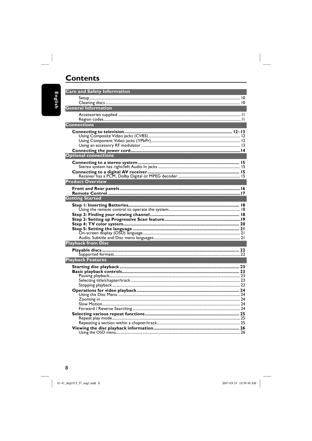 Philips DVP1013 manual Contents 