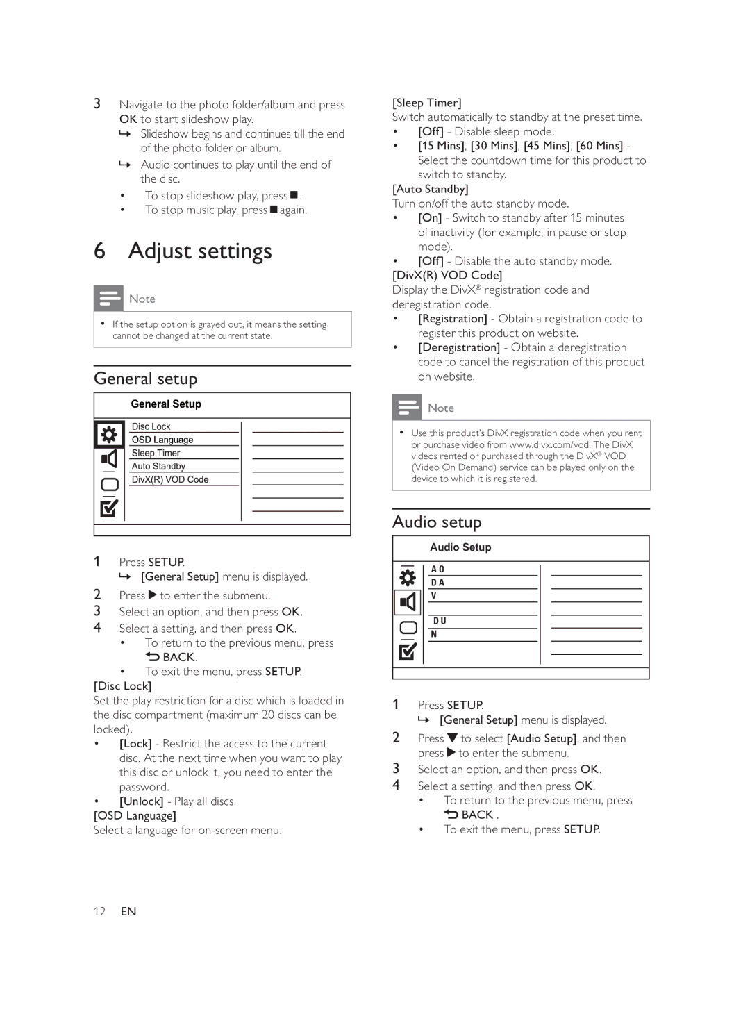 Philips DVP1033/51 user manual Adjust settings, Audio setup 