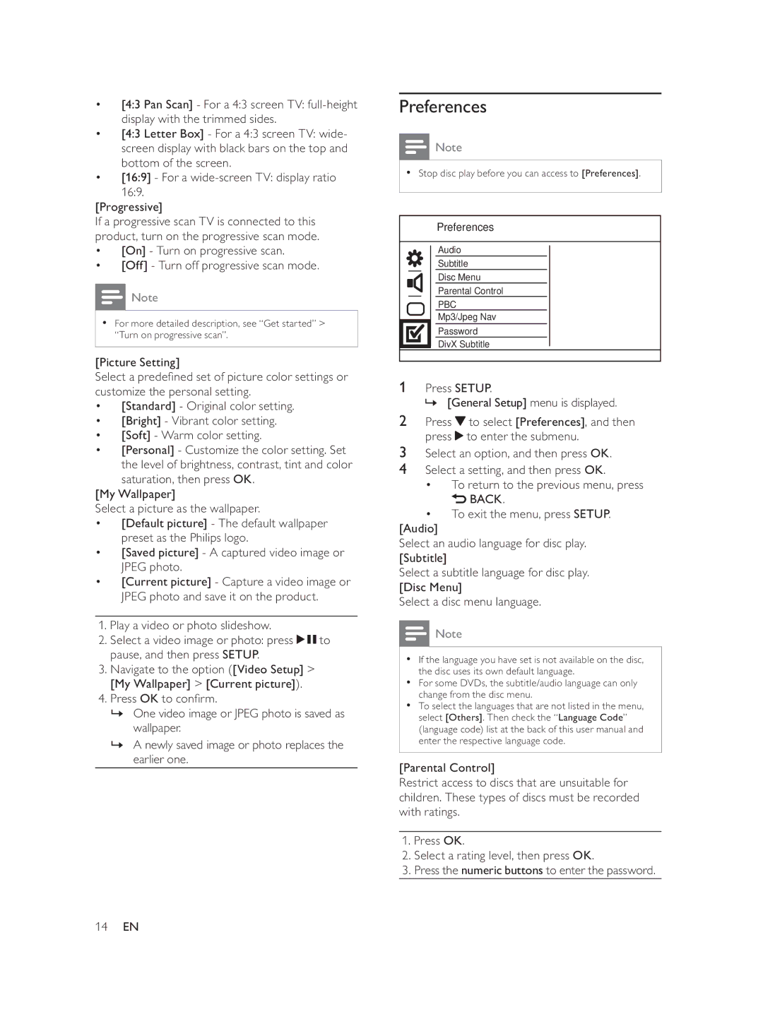 Philips DVP1033/51 user manual Preferences, ‡ Off Turn off progressive scan mode, Picture Setting 