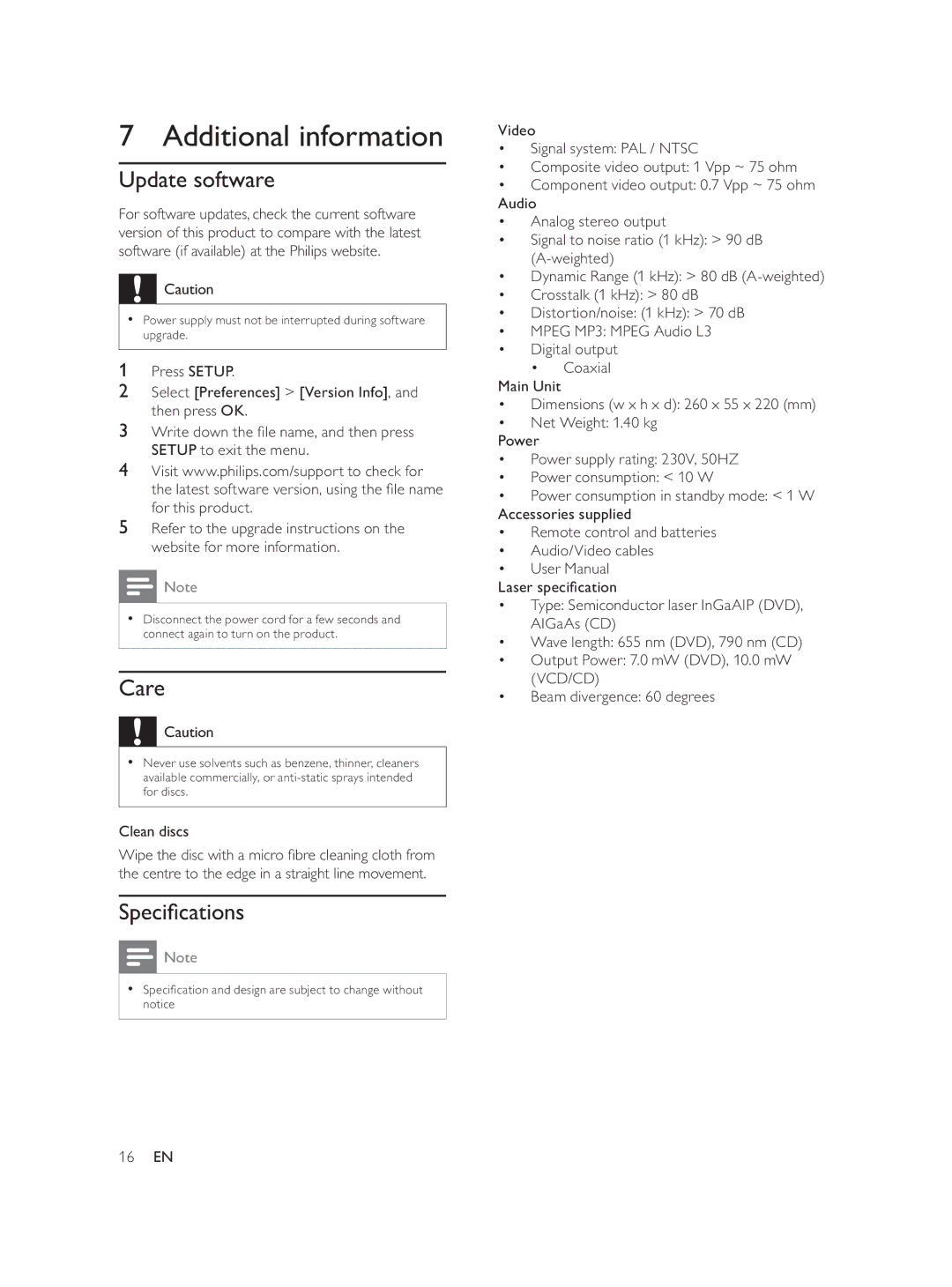 Philips DVP1033/51 user manual Additional information, Update software, Care, DvhuVshflàfdwlrq 