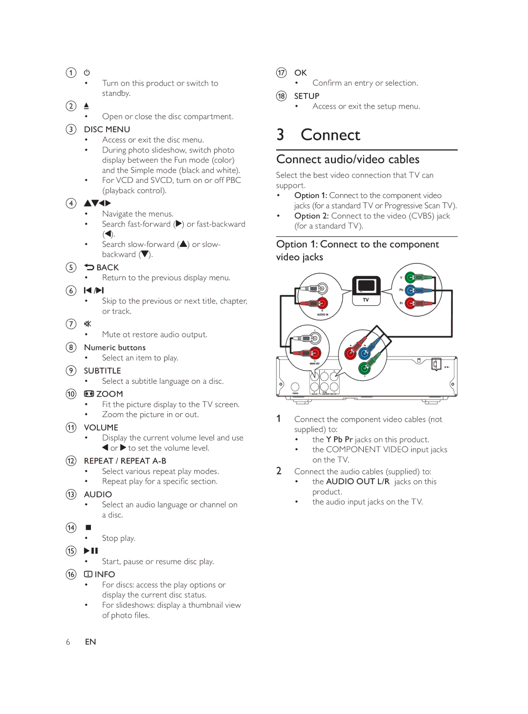 Philips DVP1033/51 user manual Connect audio/video cables, ‡ 5HSHDWSOD\IRUDVSHFLÀFVHFWLRQ 