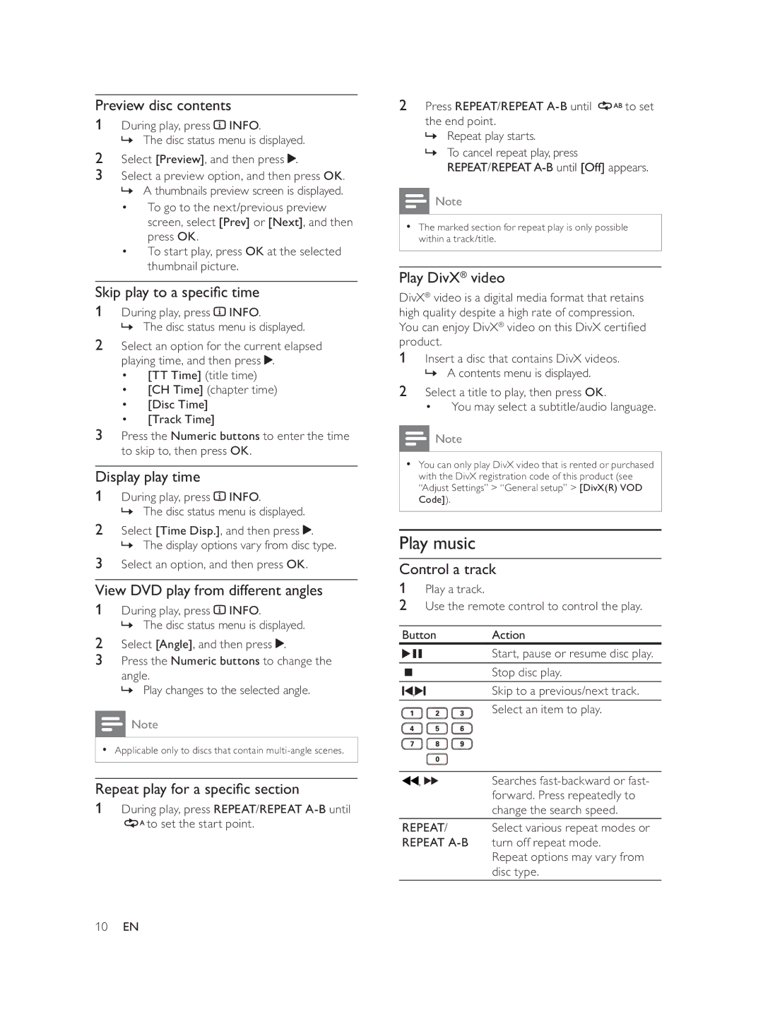 Philips DVP1033/51 user manual Play music 