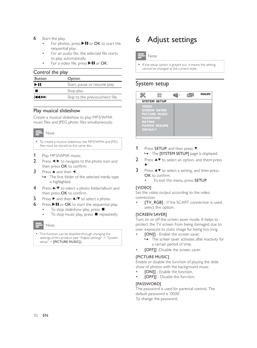 Philips DVP1033/58 user manual  $GmxvwVhwwlqjv, System setup, Control the play, Play musical slideshow 