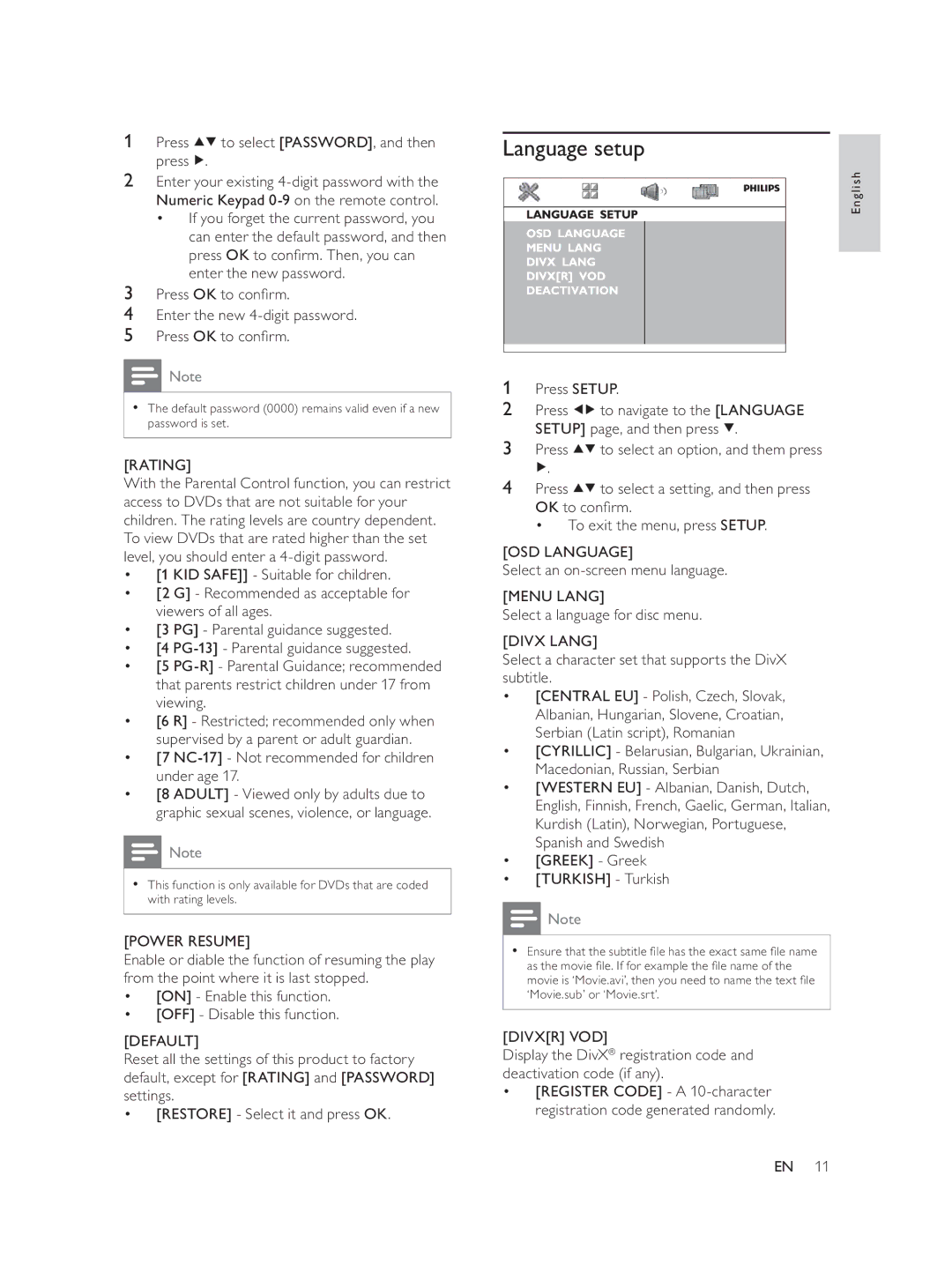 Philips DVP1033/58 Language setup,  Press to select 3$6625@, and then press,  Enter the new 4-digit password, $7,1*@ 