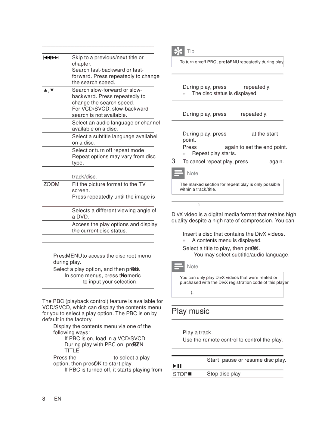 Philips DVP1033/58 user manual Play music 