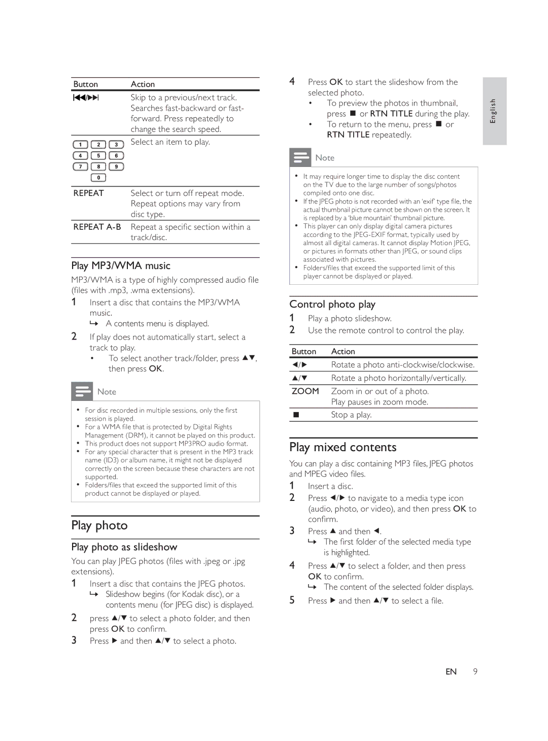 Philips DVP1033/58 user manual Play photo, Play mixed contents 