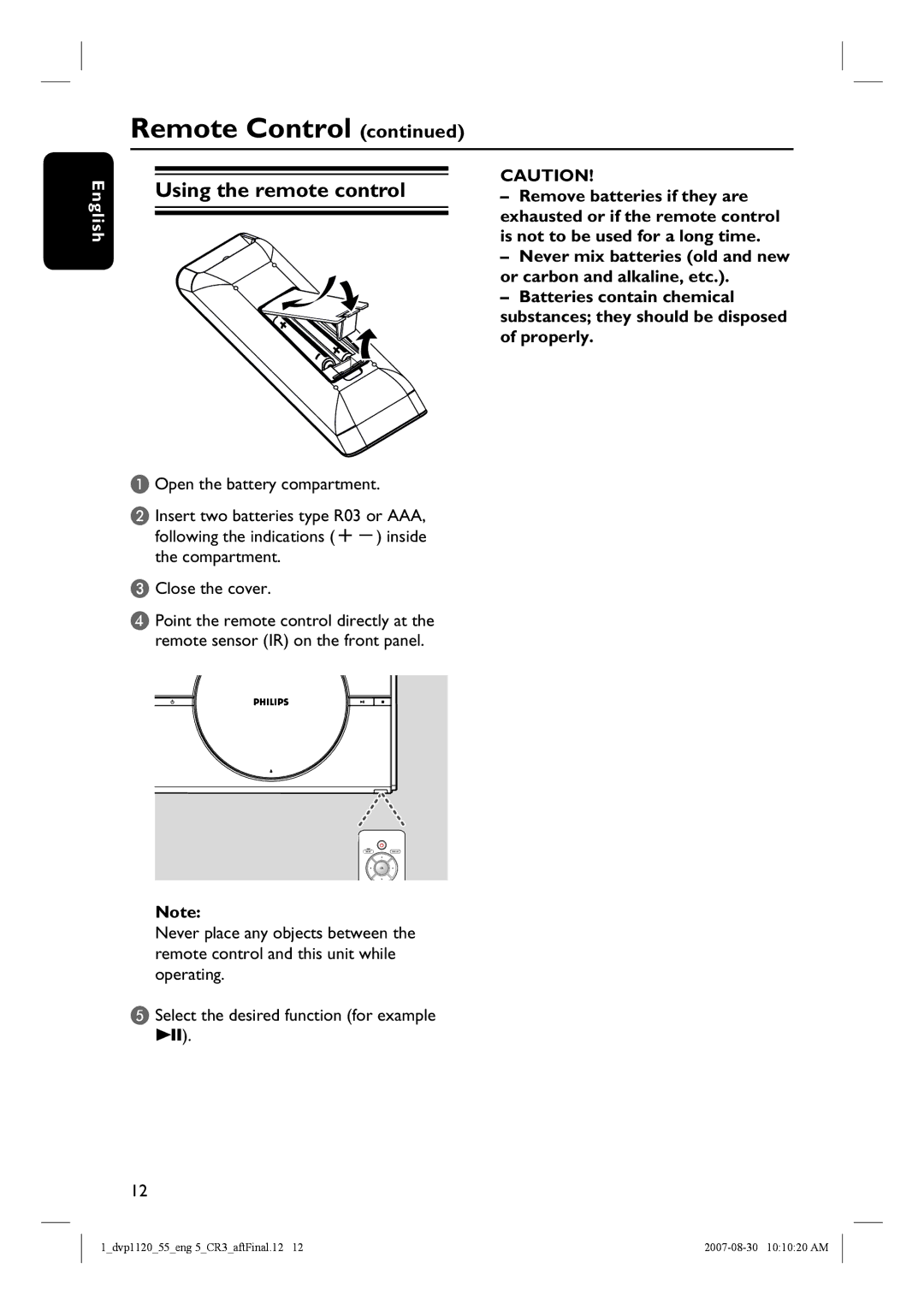 Philips DVP1120/55 quick start Using the remote control 