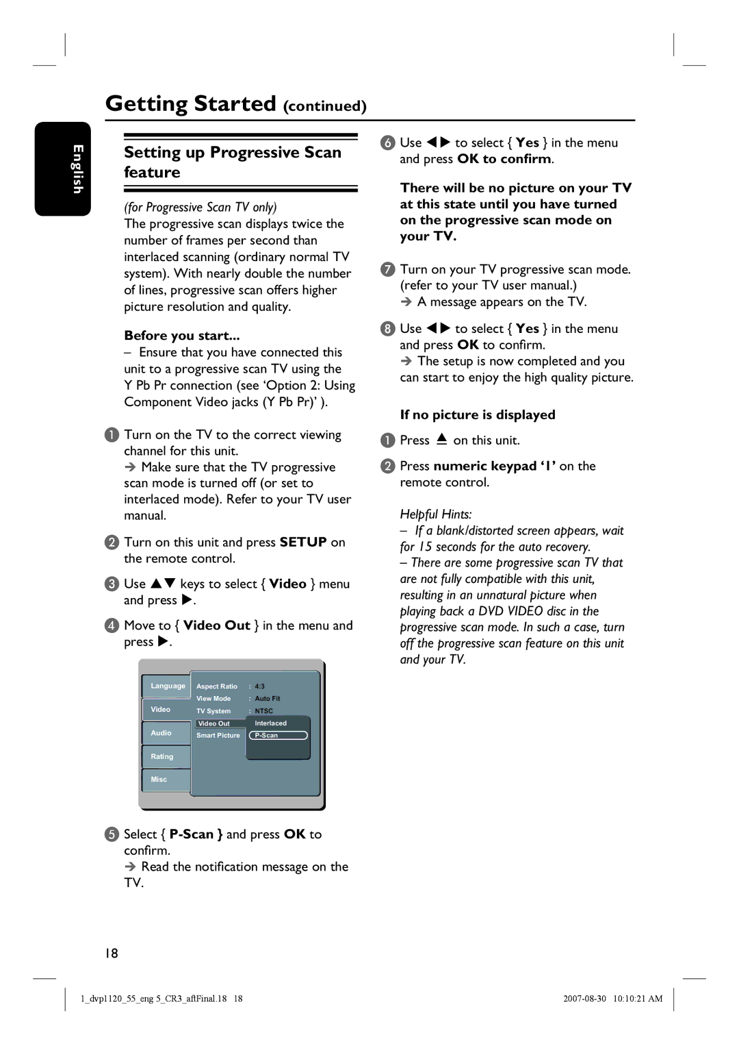 Philips DVP1120/55 quick start Setting up Progressive Scan feature, Before you start, If no picture is displayed 