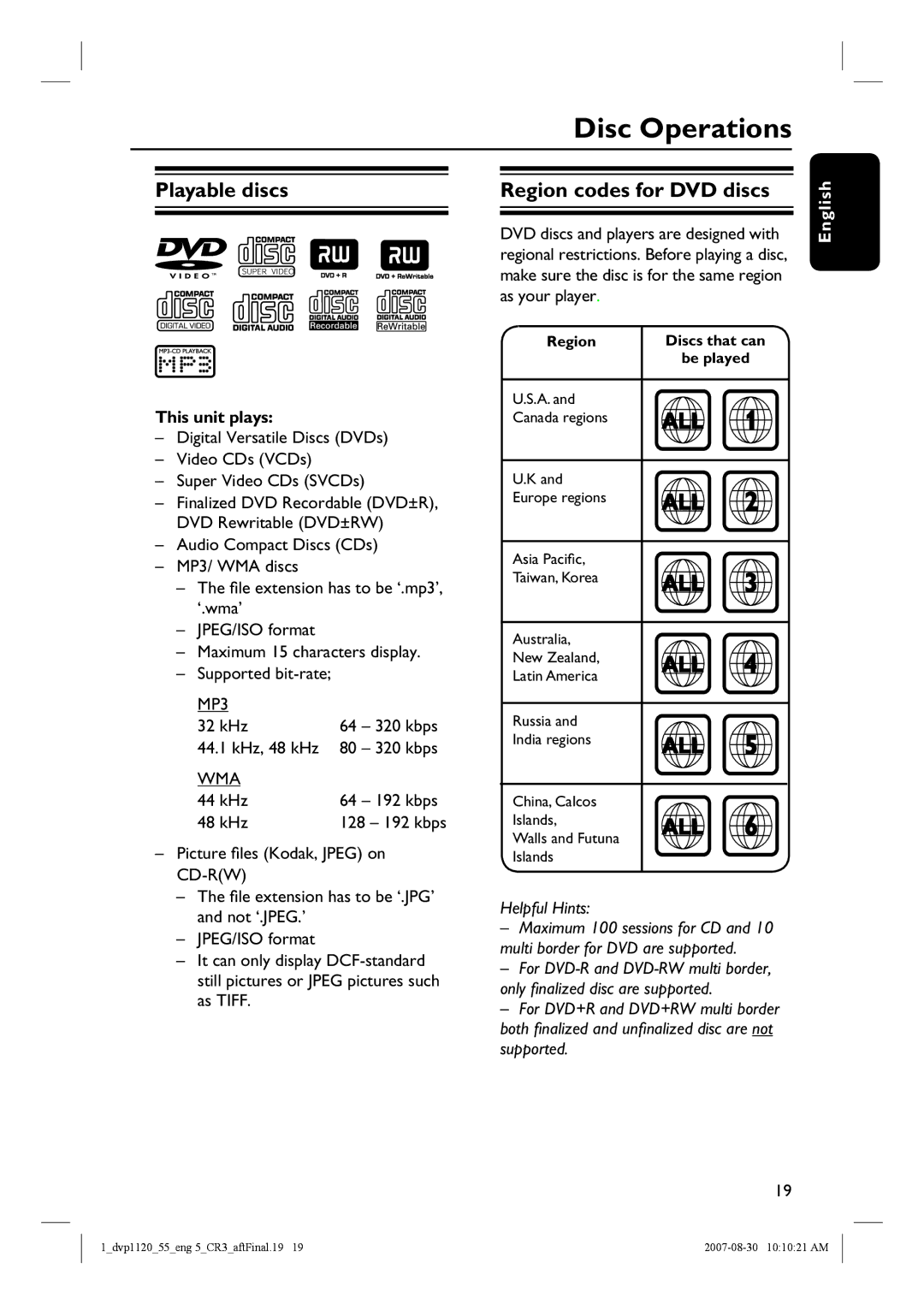 Philips DVP1120/55 quick start Disc Operations, Playable discs Region codes for DVD discs, This unit plays 