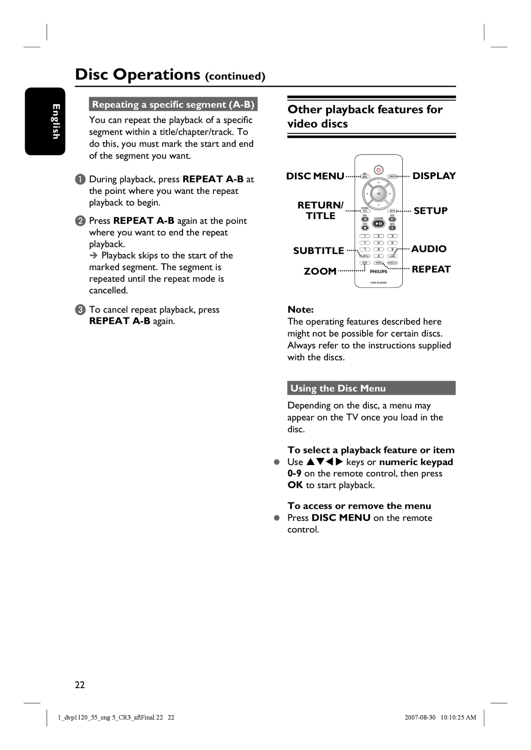 Philips DVP1120/55 Other playback features for video discs, English Repeating a specific segment A-B, Using the Disc Menu 