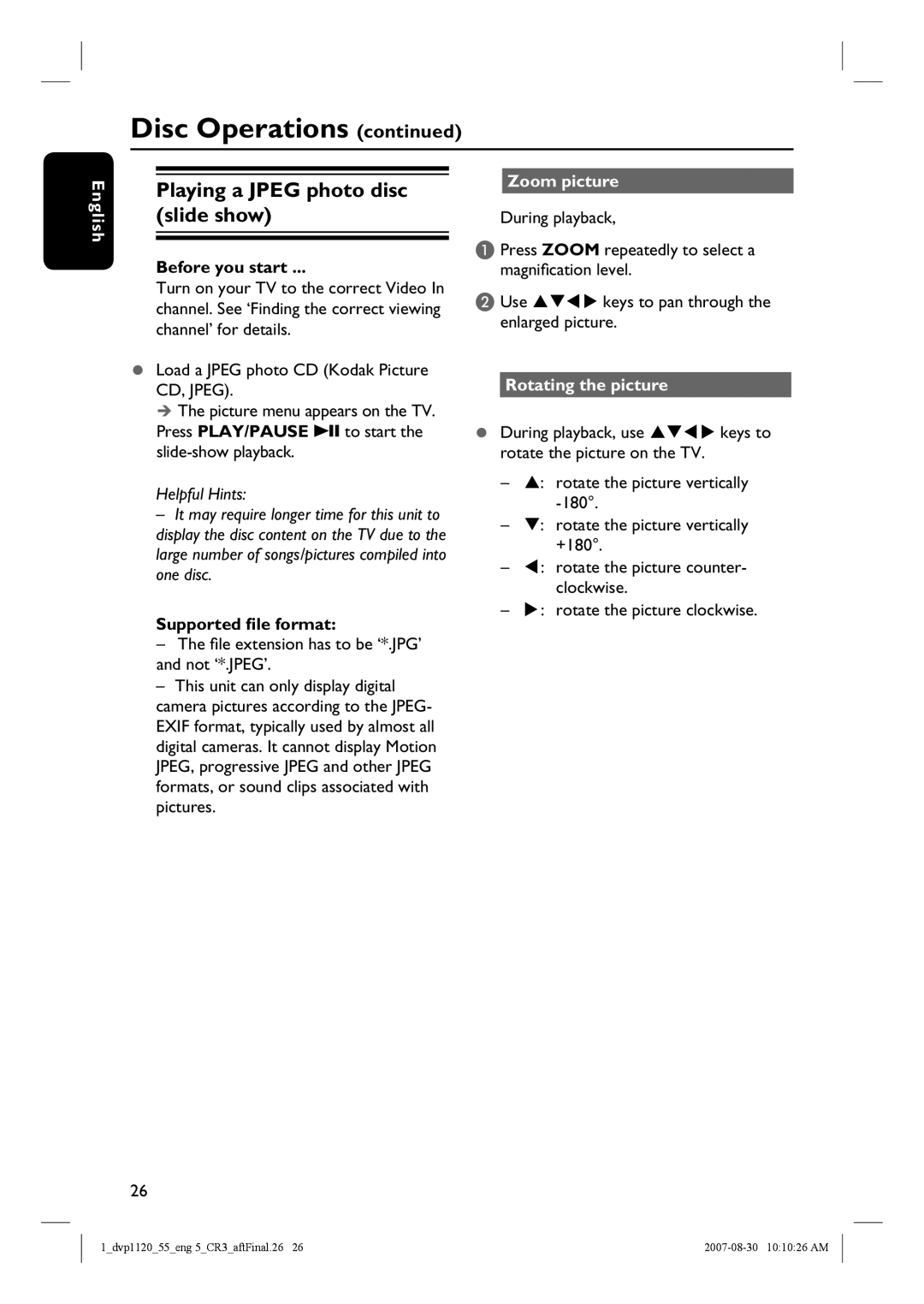 Philips DVP1120/55 Playing a Jpeg photo disc slide show, Supported file format, Zoom picture, Rotating the picture 