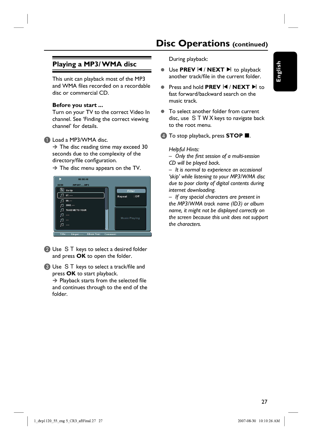 Philips DVP1120/55 Playing a MP3/ WMA disc, Disc menu appears on the TV, During playback, Press OK to open the folder 