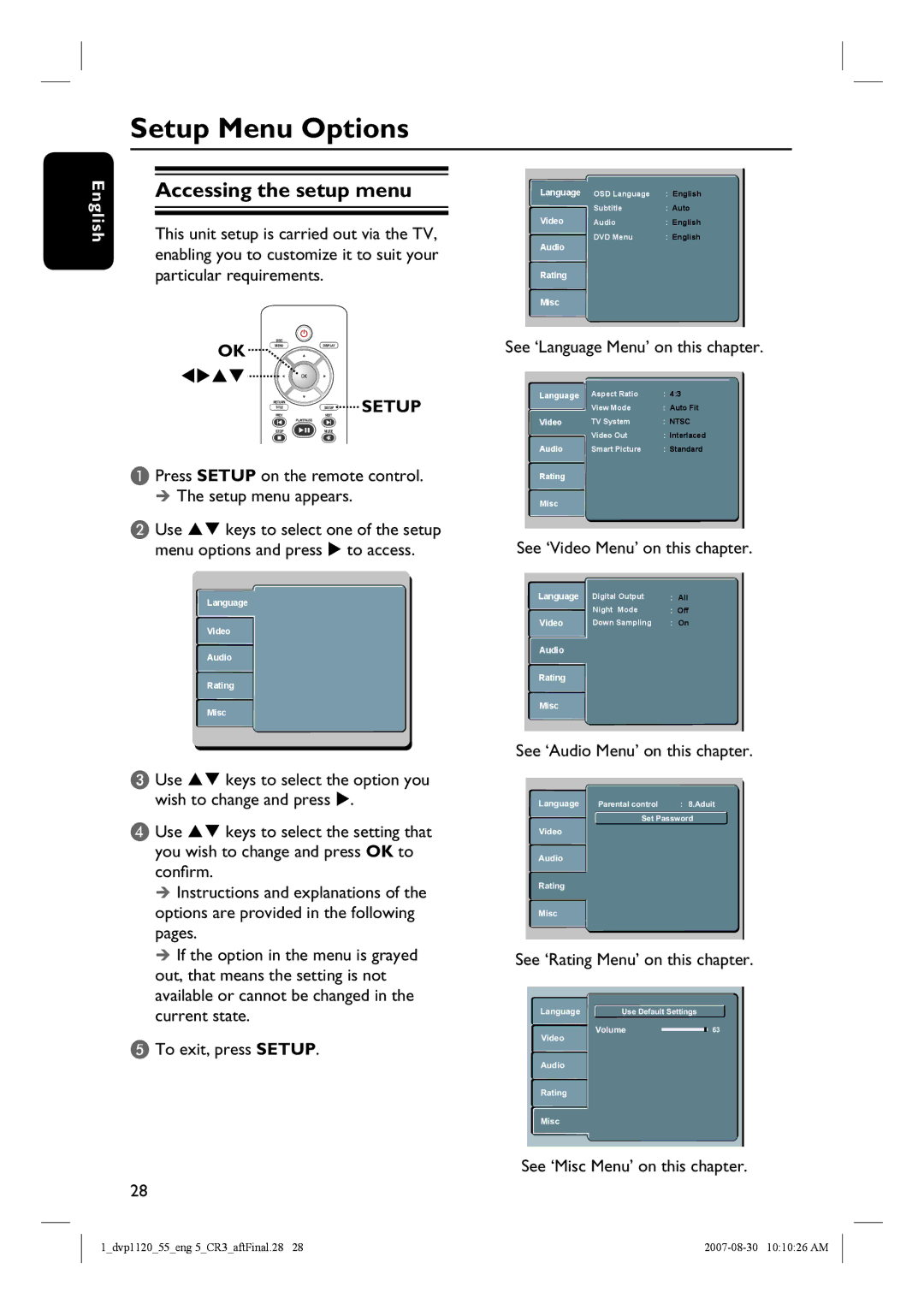 Philips DVP1120/55 quick start Setup Menu Options, Accessing the setup menu 