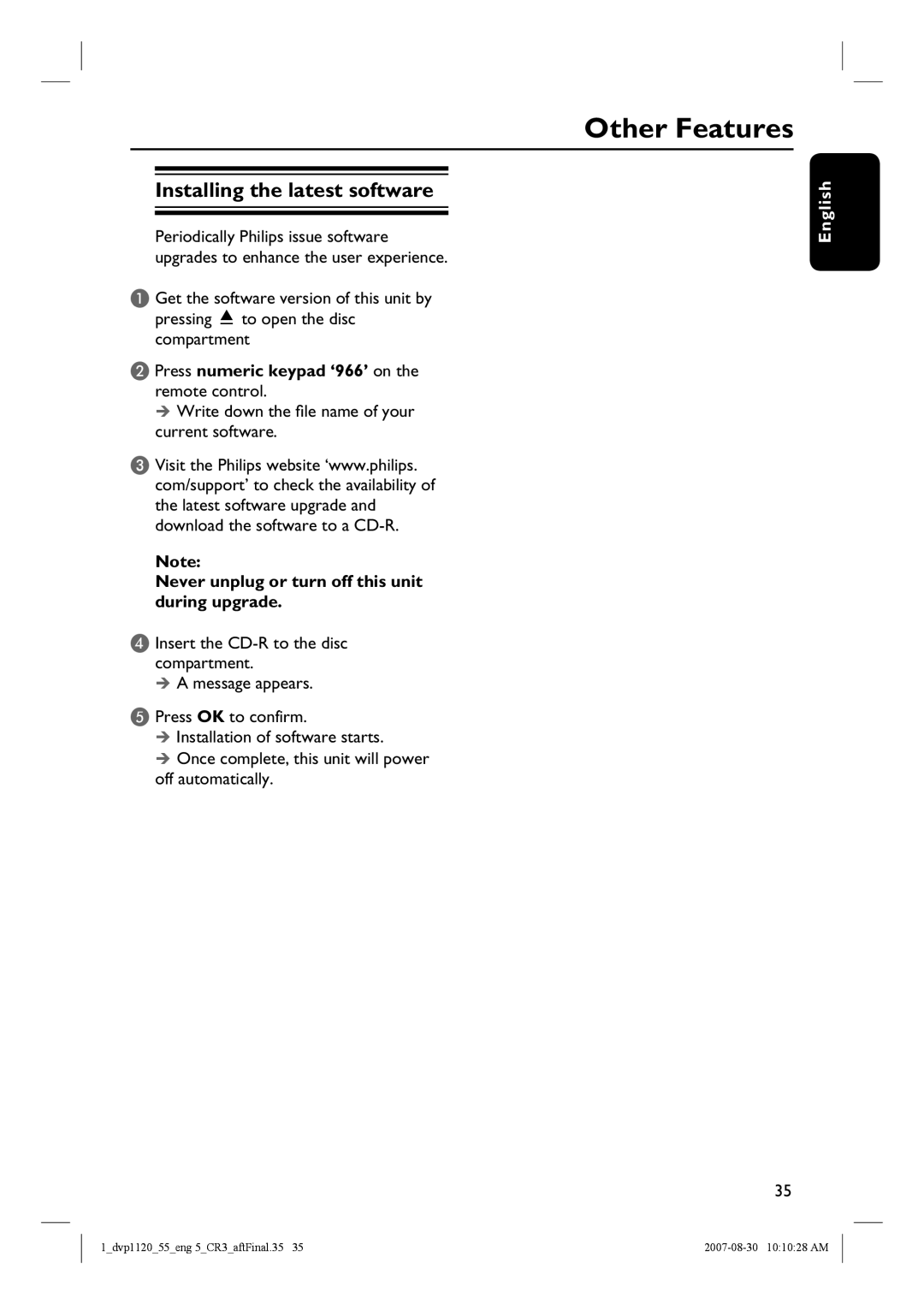 Philips DVP1120/55 Other Features, Installing the latest software, Press numeric keypad ‘966’ on the remote control 