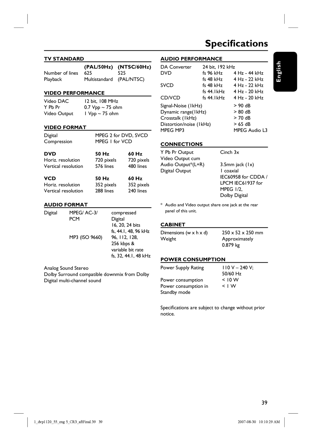 Philips DVP1120/55 quick start Specifications, Audio Format 