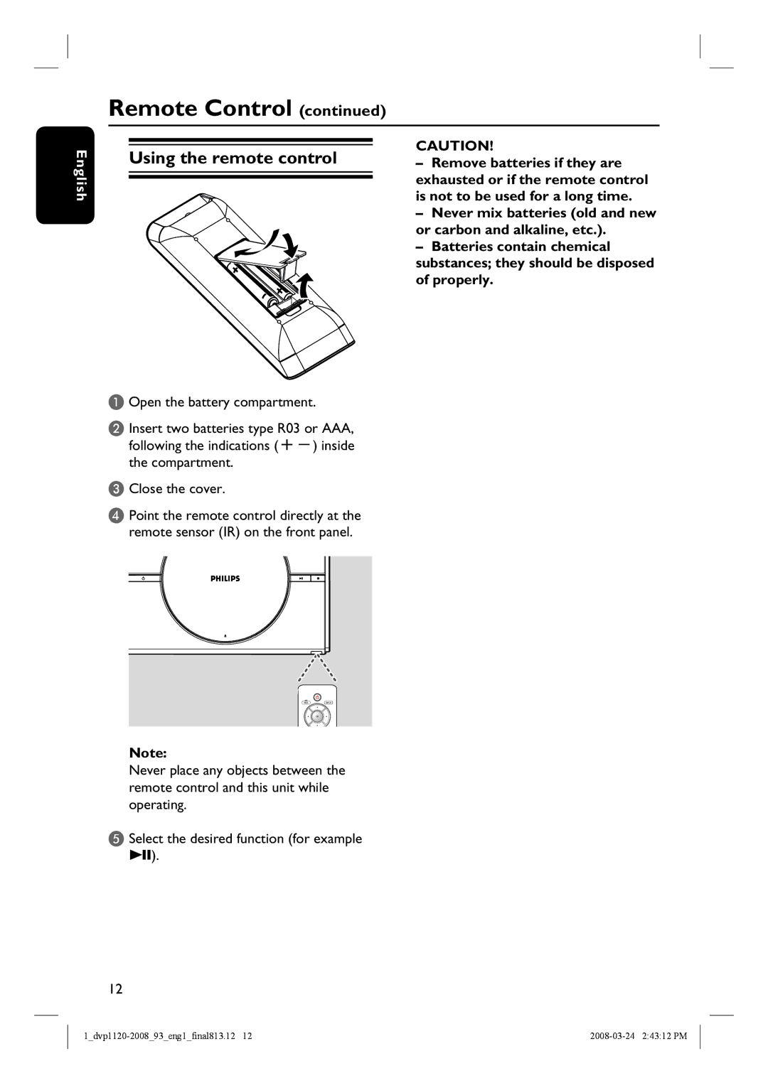 Philips DVP1120/93, DVP2008 manual Using the remote control 