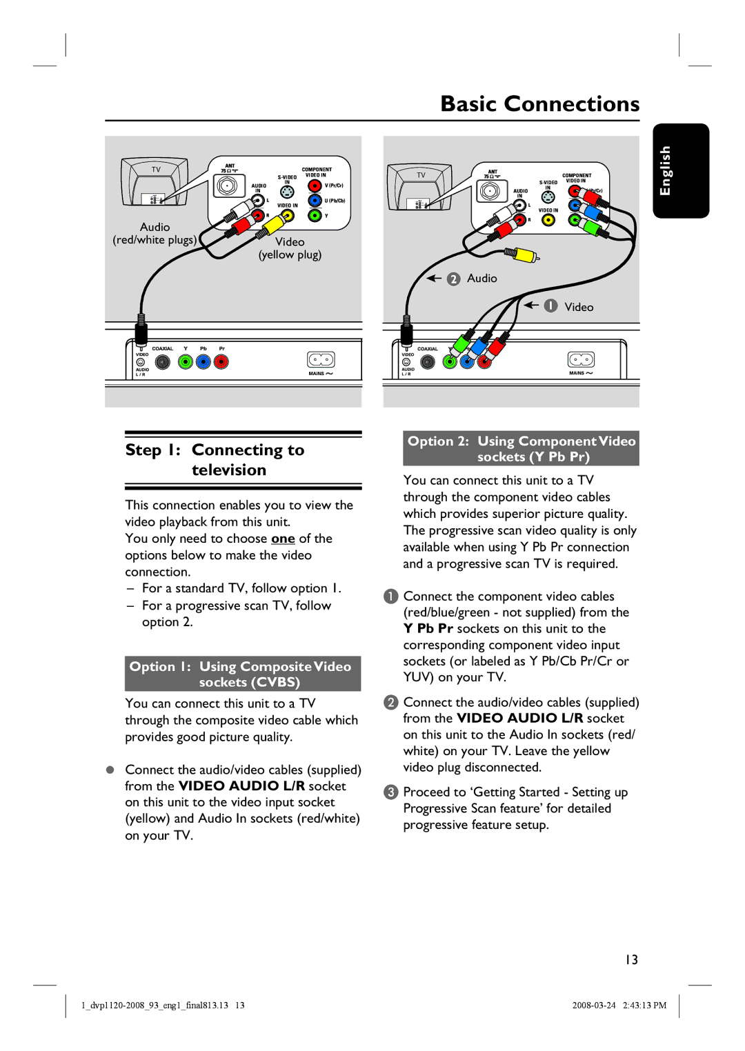 Philips DVP2008, DVP1120/93 manual Basic Connections, Connecting to television, Option 1 Using Composite Video sockets Cvbs 